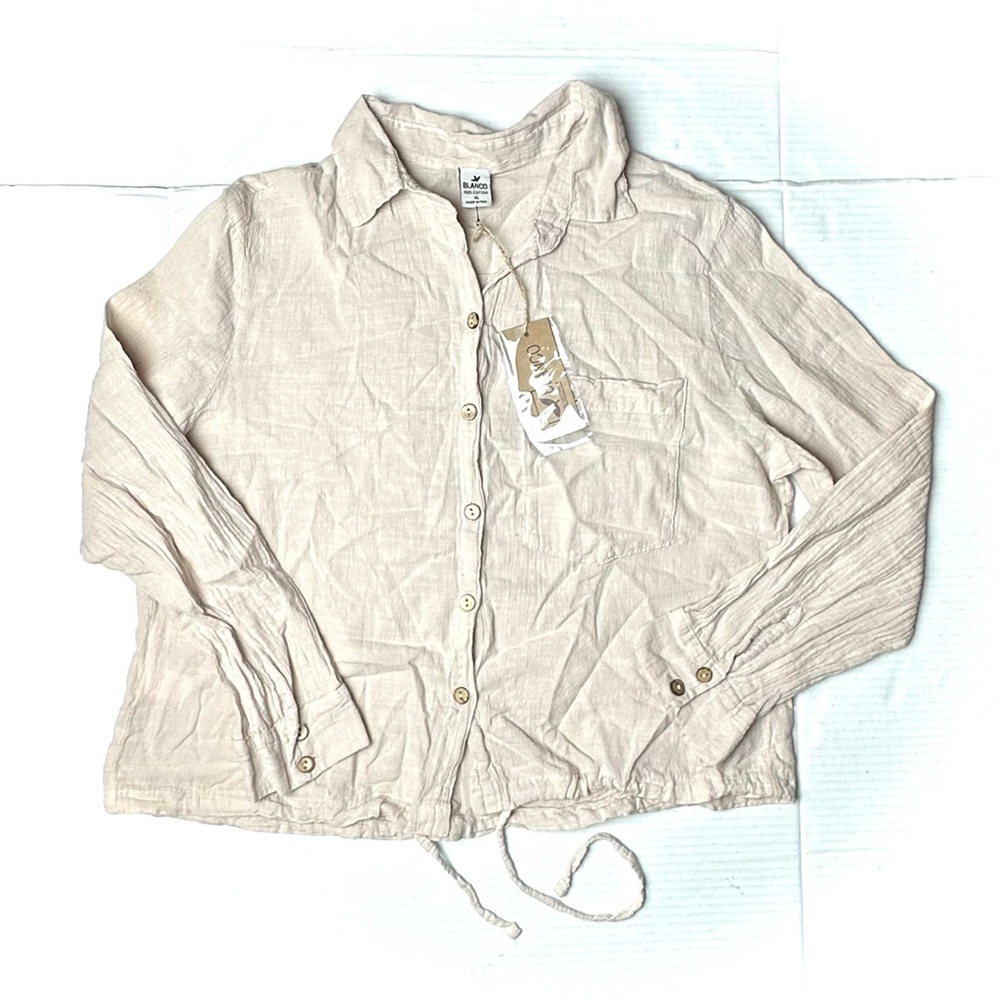 NWT Blanco Shirt Womens XL Tan Button Down Blouse 100% Cotton Bottom Tie Top